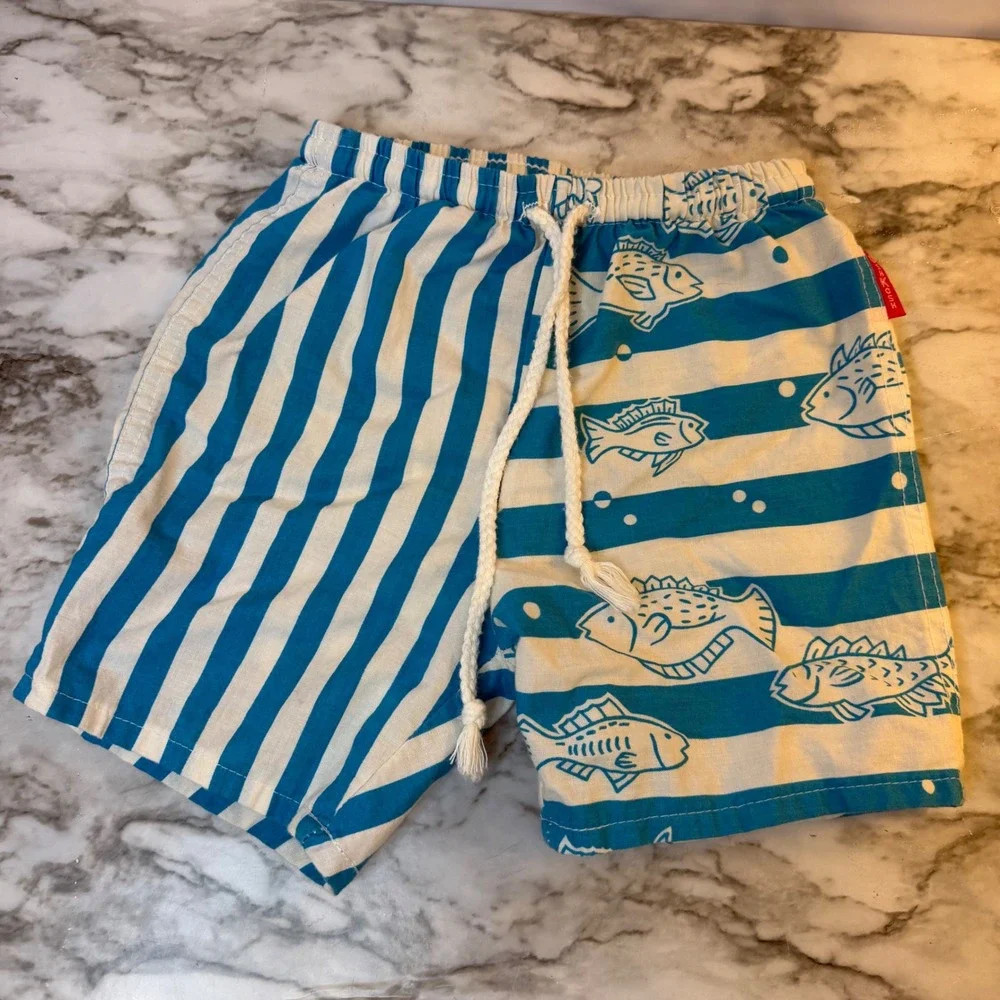 Vintage OshKosh Bgosh Kids Size 7 Blue White Striped Fish Swim Trunks USA Made